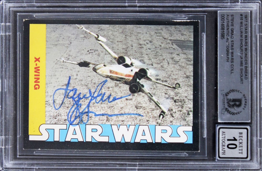 1977 Star Wars WB #15 Card Signed by William & Jamie Shourt Gem Mint 10 BAS: 1977 Star Wars WB #15 Card Signed by William & Jamie Shourt Gem Mint 10 BAS This is an original 1977 Star Wars trading card featuring the autographs of William Shourt and Jamie Shourt. The card has be