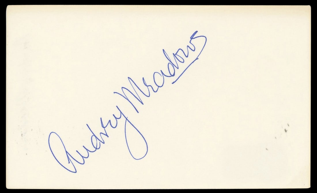 Audrey Meadows Signed 3x5 Index Card The Honeymooners BAS Authenticated: Audrey Meadows Signed 3x5 Index Card The Honeymooners BAS Authenticated This authentic signed 3x5 index card features the signature of Audrey Meadows, known for her role in the classic television show