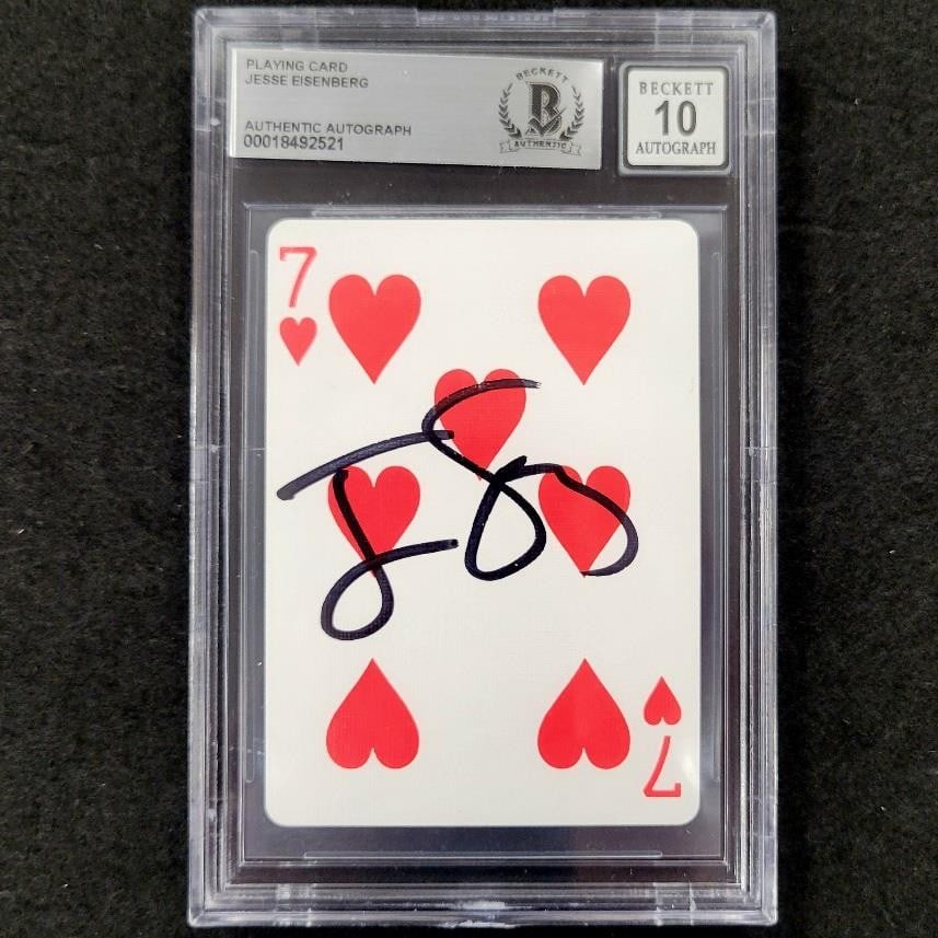Jesse Eisenberg Signed 7 of Hearts Card Now You See Me BAS 10: Jesse Eisenberg Signed 7 of Hearts Card Now You See Me BAS 10 Capture a piece of cinematic history with this 7 of Hearts playing card signed by Jesse Eisenberg, featured in the movie "Now You See Me".