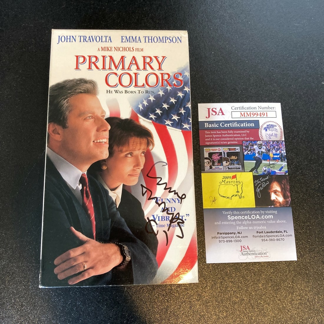 Signed Primary Colors VHS by Emma Thompson with JSA Authentication: Signed Primary Colors VHS by Emma Thompson with JSA Authentication This vintage VHS copy of the movie "Primary Colors" features the autograph of Emma Thompson. The item is an original piece from the U