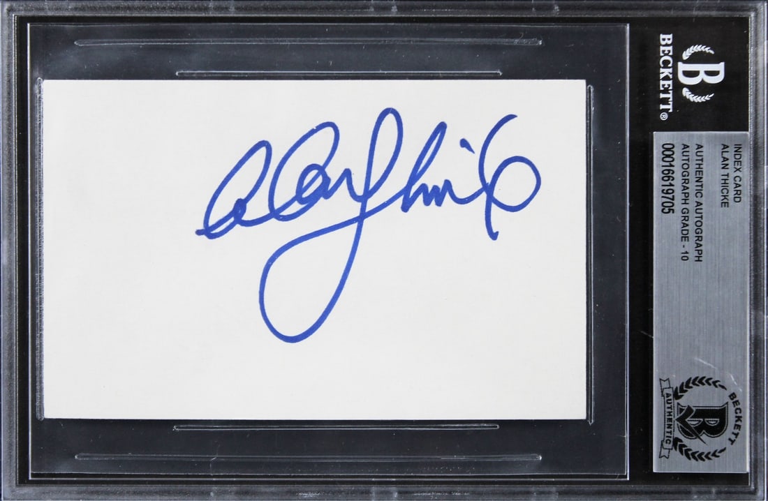 Alan Thicke Signed Growing Pains 3x5 Index Card Auto 10 BAS Certified: Alan Thicke Signed Growing Pains 3x5 Index Card Auto 10 BAS Certified This authentic autographed 3x5 index card features the signature of Alan Thicke, renowned for his role in the classic television s
