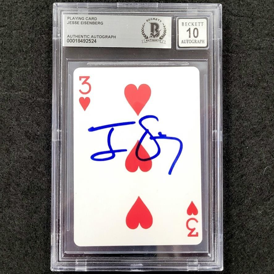 Jesse Eisenberg Signed 3 of Hearts Card Now You See Me BAS 10 Authenticated: Jesse Eisenberg Signed 3 of Hearts Card Now You See Me BAS 10 Authenticated Add a touch of magic to your collection with this signed 3 of Hearts playing card by Jesse Eisenberg, known for his role in 