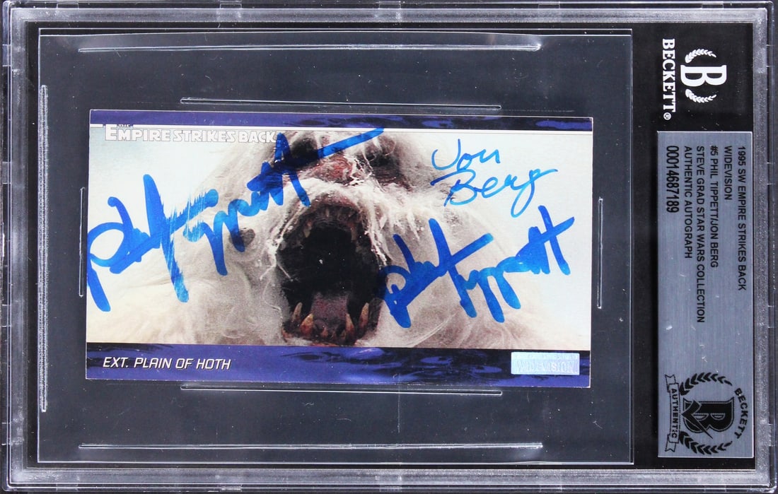 Star Wars Signed 1995 ESB Widevision #5 Card by Phil Tippett Jon Berg Beckett Authenticated: Star Wars Signed 1995 ESB Widevision #5 Card by Phil Tippett Jon Berg Beckett Authenticated This authentic 1995 Star Wars Empire Strikes Back Widevision #5 card features the signatures of Phil Tippett