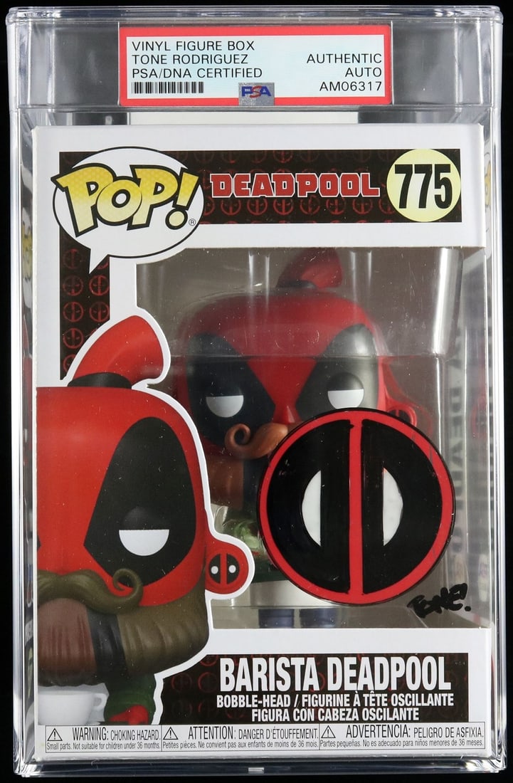 PSA DNA encapsulated Tone Rodriguez signed Funko Pop 775 Barista Deadpool: PSA DNA encapsulated Tone Rodriguez signed Funko Pop 775 Barista Deadpool This Funko Pop #775 features Barista Deadpool and has been signed by Tone Rodriguez. The autograph has been authenticated and 