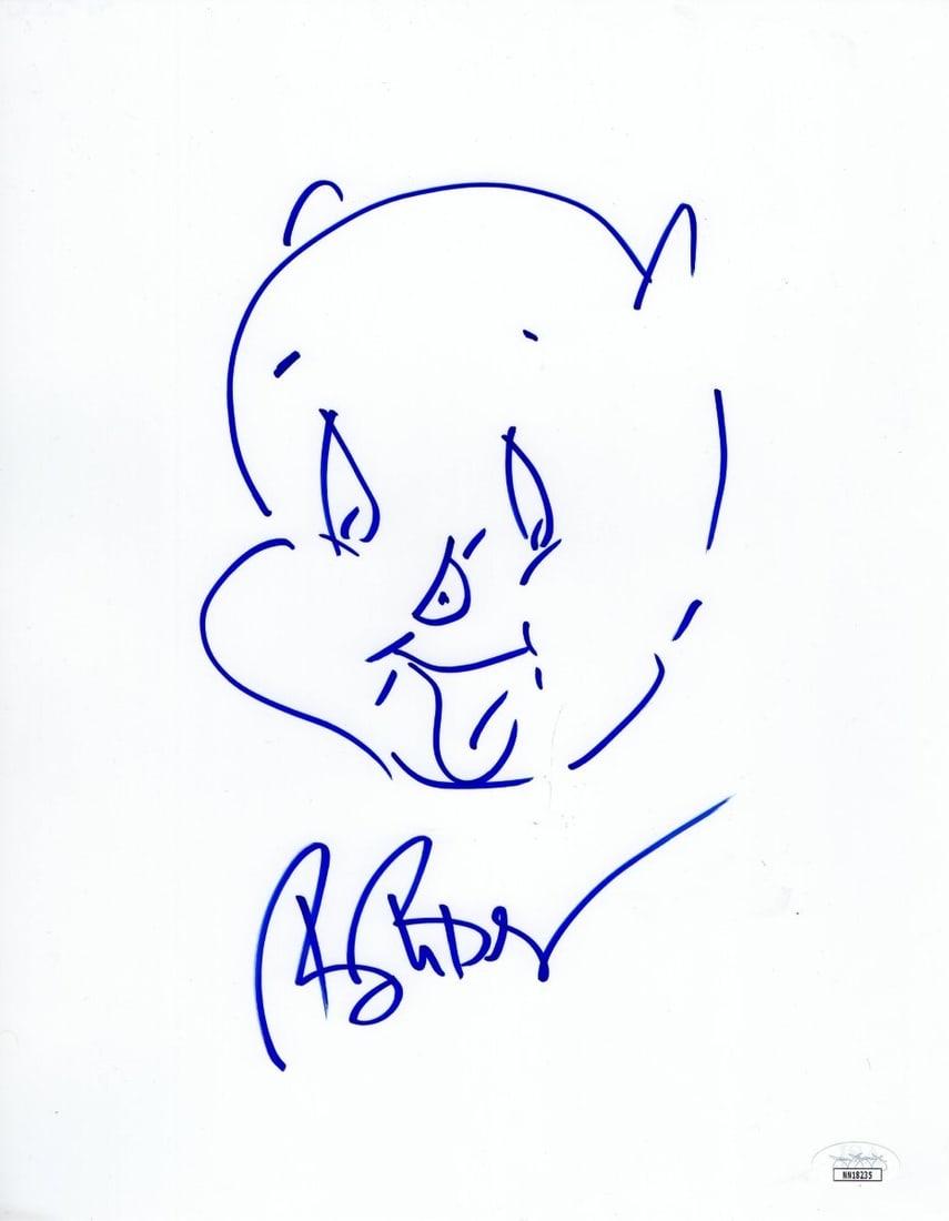 Bob Bergen Autographed 11X14 Porky Pig Sketch JSA Certified: Bob Bergen Autographed 11X14 Porky Pig Sketch JSA Certified This striking 11x14 sketch of Porky Pig is signed by renowned voice actor Bob Bergen, known for his iconic portrayal of the character in the