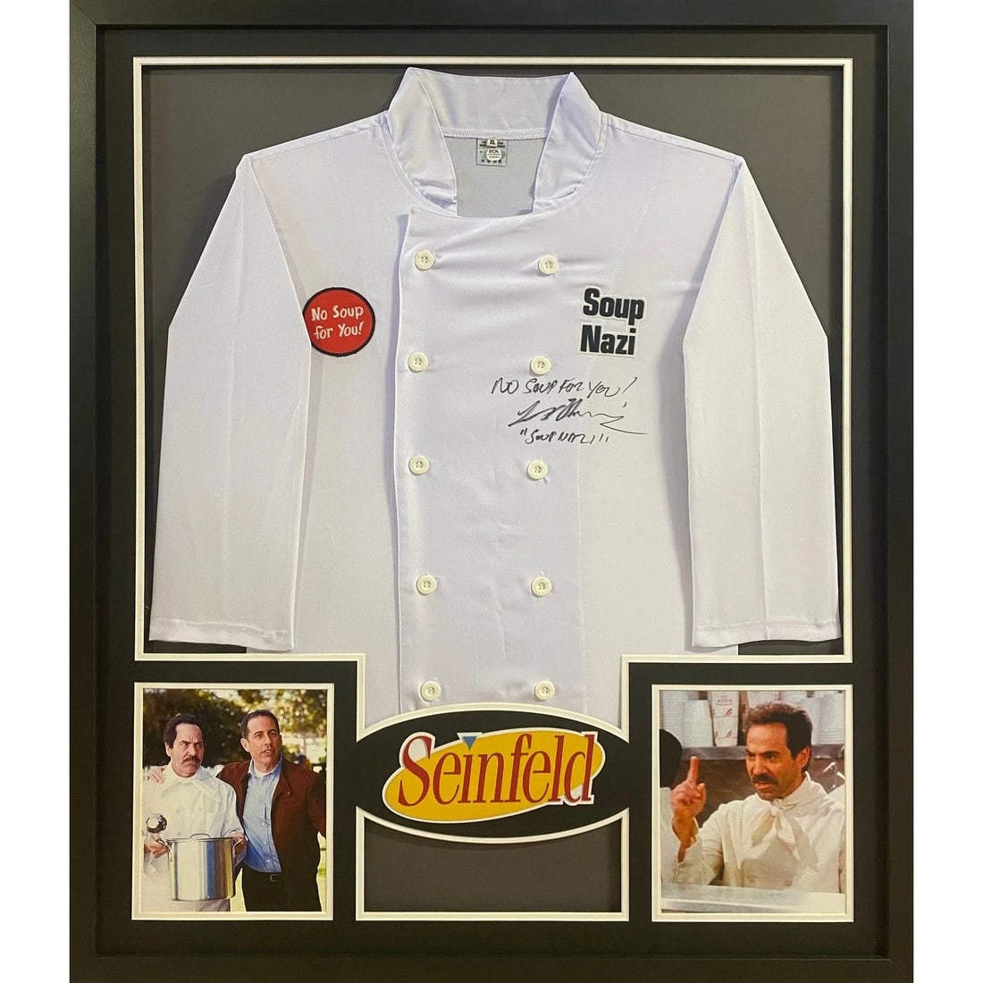 Larry Thomas Signed Framed Chef Jacket with JSA Authentication from Seinfeld: Larry Thomas Signed Framed Chef Jacket with JSA Authentication from Seinfeld This is a framed chef's jacket autographed by Larry Thomas, famously known as the Soup Nazi from Seinfeld. The jacket is au