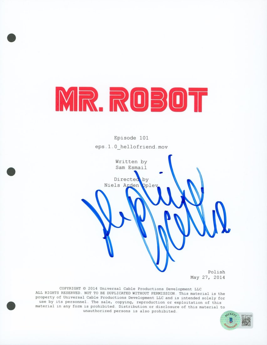Stephanie Corneliussen Signed Mr. Robot Script Cover with Beckett COA 8.5x11: Stephanie Corneliussen Signed Mr. Robot Script Cover with Beckett COA 8.5x11 This is an original 8.5x11 script cover from the television series Mr. Robot, personally signed by Stephanie Corneliussen. 