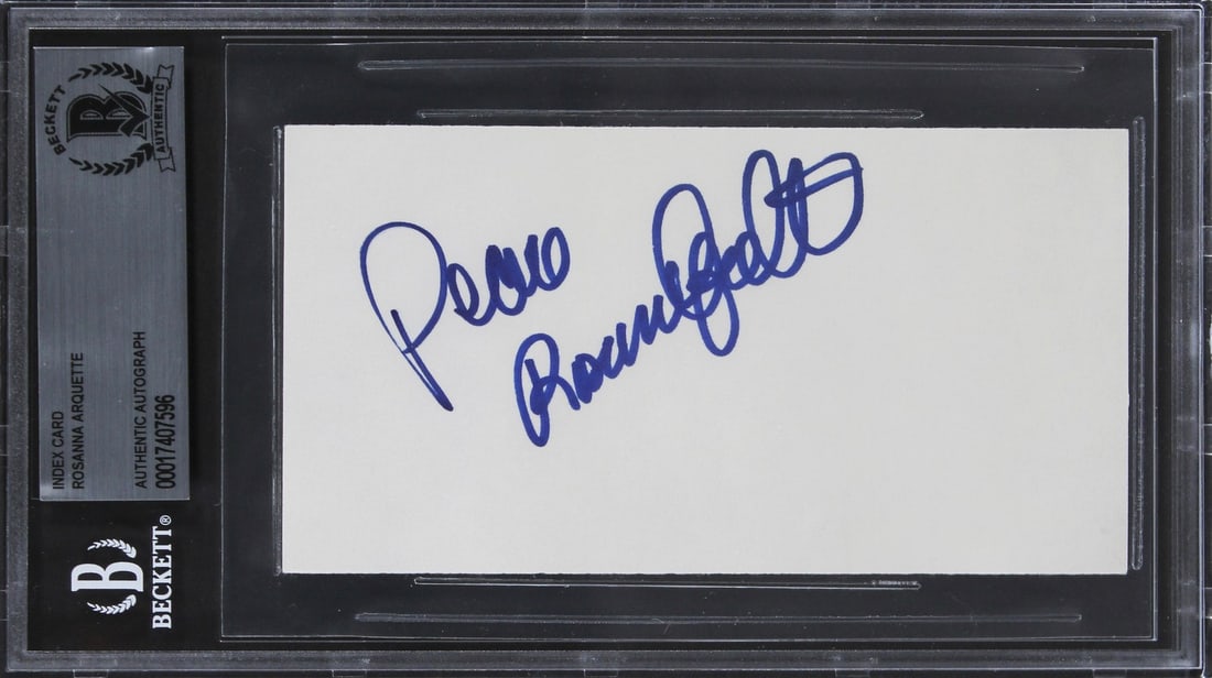 Rosanna Arquette Signed 3x5 Index Card Peace BAS Slabbed: Rosanna Arquette Signed 3x5 Index Card Peace BAS Slabbed This is an authentic signed 3x5 index card by Rosanna Arquette, featuring the inscription "Peace". The card is associated with the brand Crash 