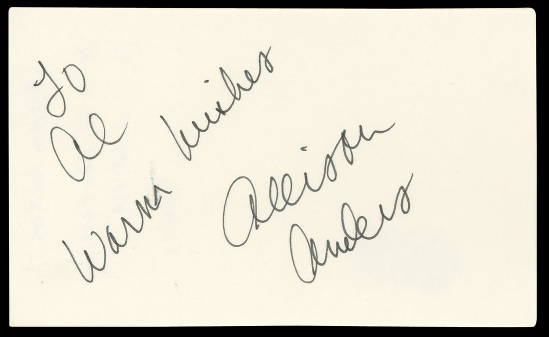 Allison Anders Signed 3x5 Index Card Four Rooms BAS Authenticated: Allison Anders Signed 3x5 Index Card Four Rooms BAS Authenticated This is an authentic autographed 3x5 index card personally signed by Allison Anders, featuring the heartfelt inscription "To Al warm w