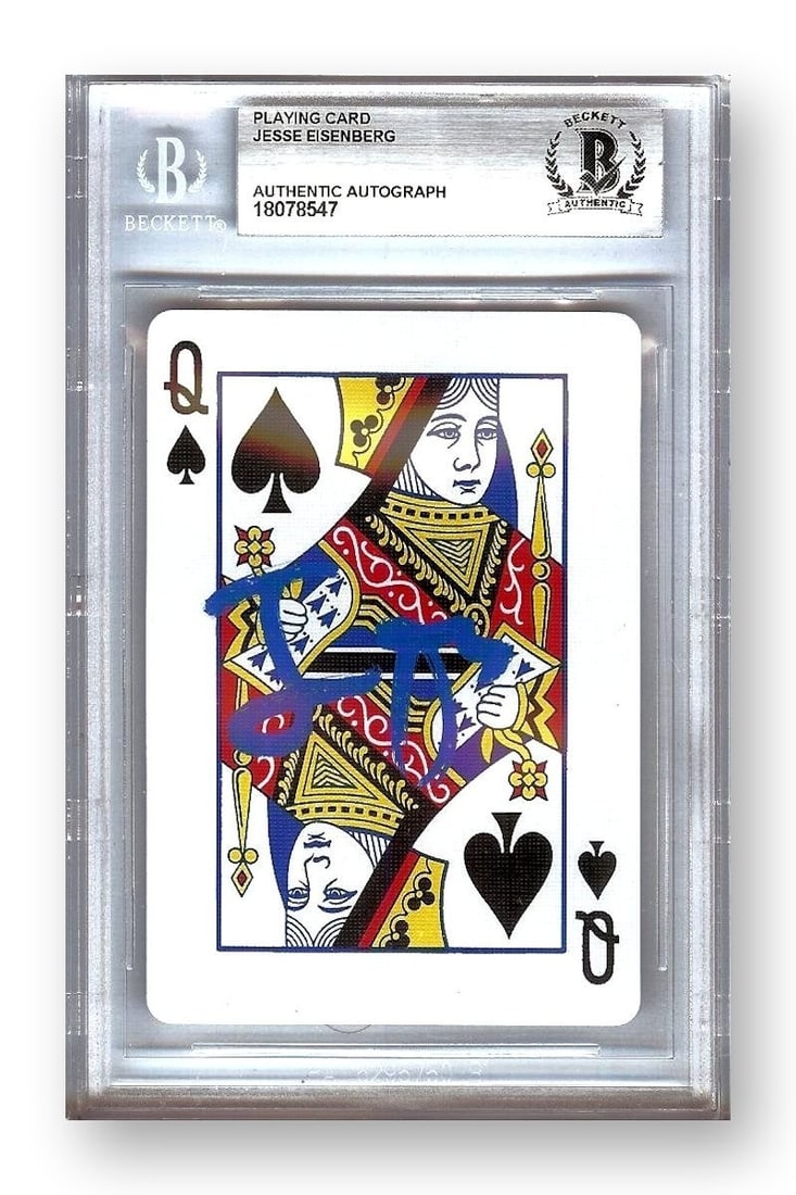 Queen of Spades Card Signed by Jesse Eisenberg Now You See Me Beckett Authenticated: Queen of Spades Card Signed by Jesse Eisenberg Now You See Me Beckett Authenticated This is an original playing card, specifically the Queen of Spades, autographed by Jesse Eisenberg from the film "No