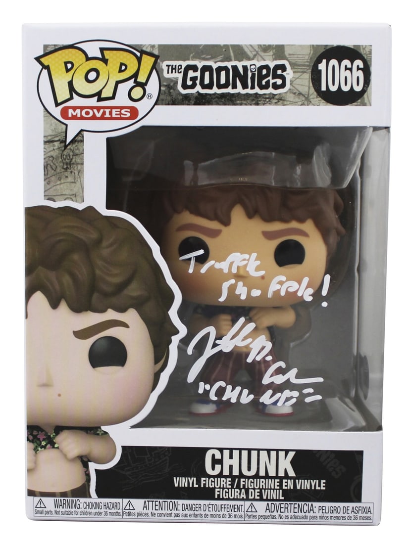 Chunk Funko Pop #1066 Signed by Jeff Cohen with Two Inscriptions Beckett Authenticated: Chunk Funko Pop #1066 Signed by Jeff Cohen with Two Inscriptions Beckett Authenticated This pre-owned Funko Pop Vinyl Figure features Chunk (#1066) from The Goonies, autographed by Jeff Cohen with the
