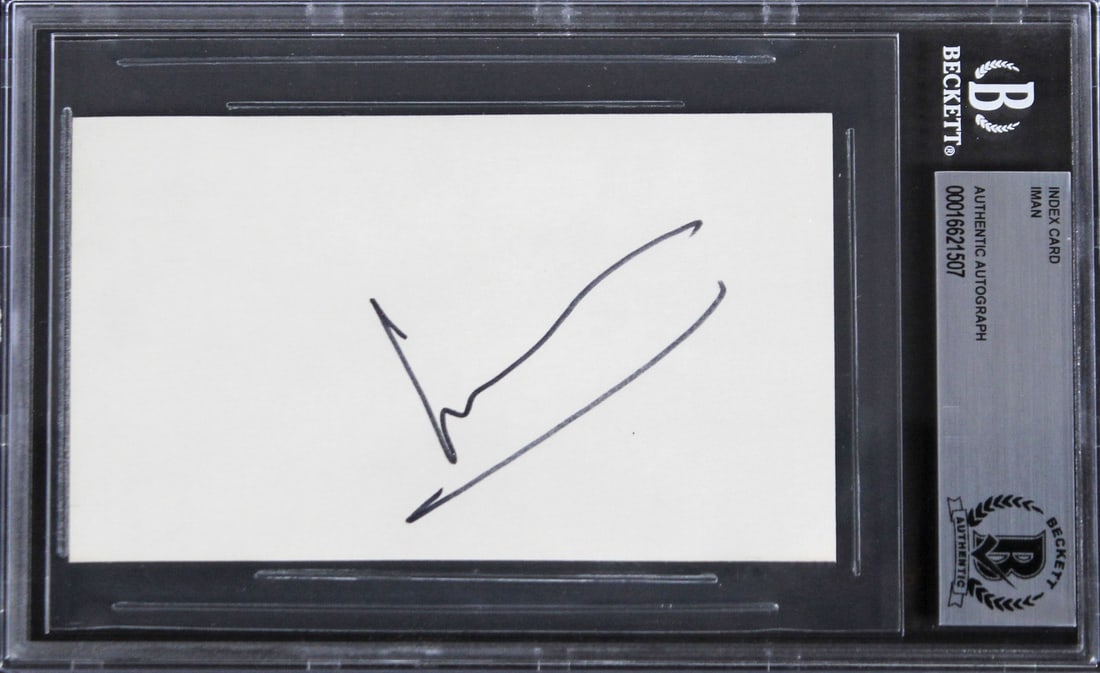 Iman Autographed 3x5 Index Card Beckett Authenticated Star Trek VI Slabbed: Iman Autographed 3x5 Index Card Beckett Authenticated Star Trek VI Slabbed This 3x5 index card has been personally signed by Iman, known for her role in Star Trek VI: The Undiscovered Country. The aut
