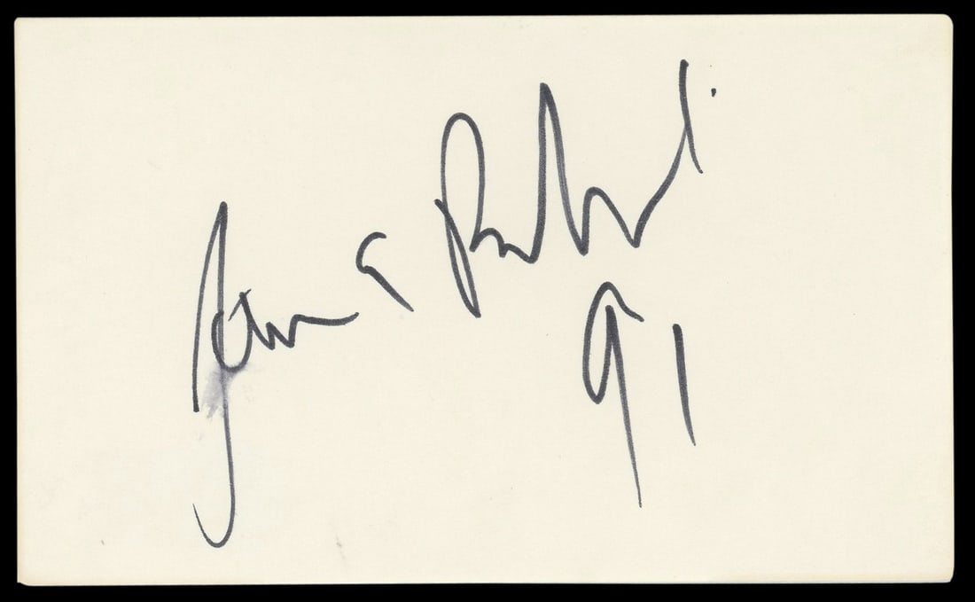 James Belushi Signed 3x5 Index Card According To Jim BAS Authenticated: James Belushi Signed 3x5 Index Card According To Jim BAS Authenticated This is a signed 3x5 index card personally autographed by James Belushi, featuring the inscription "91" from the popular show "Ac
