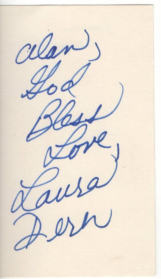 Laura Dern Authentic JSA Signed 3X5 Index Card Jurassic Park Actress: Laura Dern Authentic JSA Signed 3X5 Index Card Jurassic Park Actress This 3x5 index card features the authentic autograph of actress Laura Dern, known for her role in Jurassic Park. The signature has 