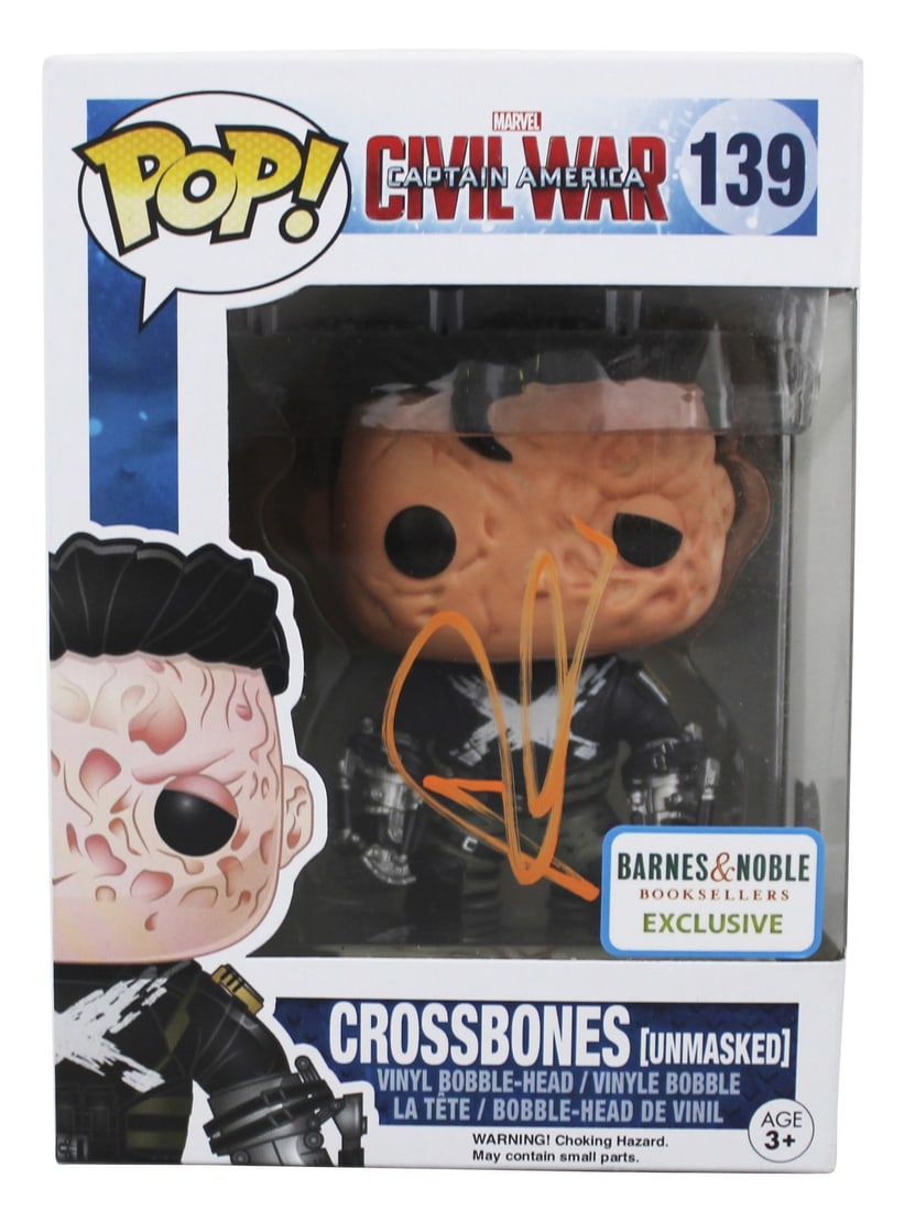 Frank Grillo Signed Crossbones Unmasked Pop Vinyl with Beckett Authentication: Frank Grillo Signed Crossbones Unmasked Pop Vinyl with Beckett Authentication This Funko Pop Vinyl Figure features Crossbones (Unmasked) #139 from Captain America Civil War and has been personally sig