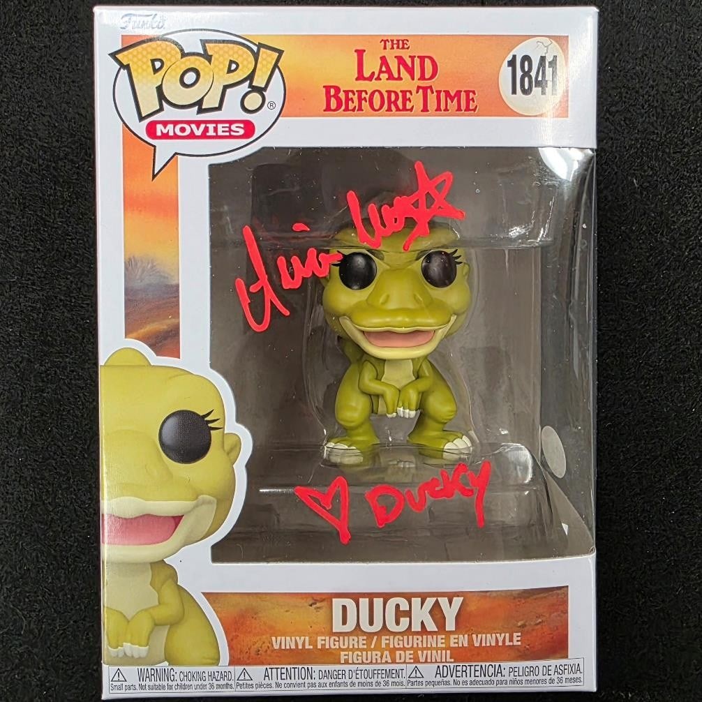 Autographed Ducky Funko Pop 1841 by Aria Noelle Curzon JSA Authenticated: Autographed Ducky Funko Pop 1841 by Aria Noelle Curzon JSA Authenticated This collectible Funko Pop figure features Ducky from The Land Before Time, personally signed by Aria Noelle Curzon. The autogr