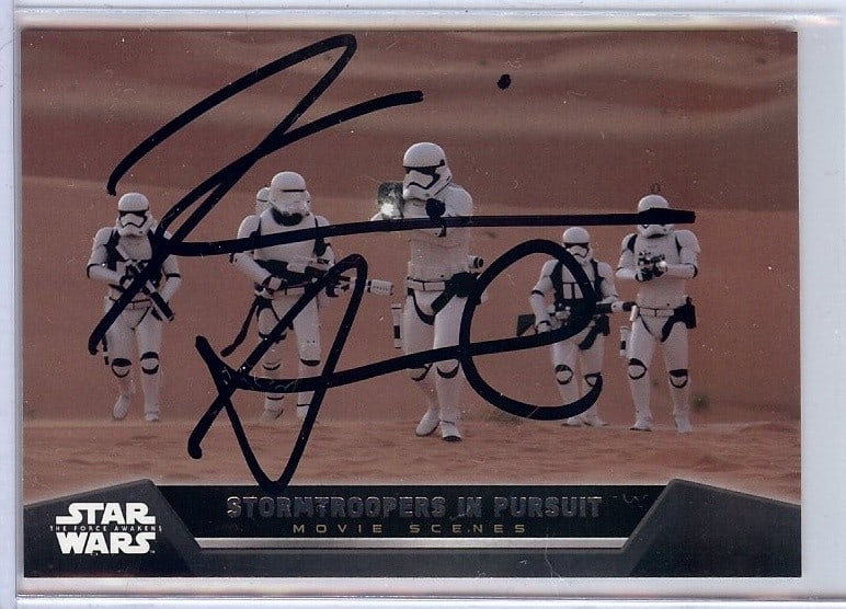 Star Wars Force Awakens Topps Card Signed by Kevin Smith JSA Authenticated: Star Wars Force Awakens Topps Card Signed by Kevin Smith JSA Authenticated This is an original Topps trading card from Star Wars: The Force Awakens, featuring the "Stormtroopers in Pursuit" scene. The