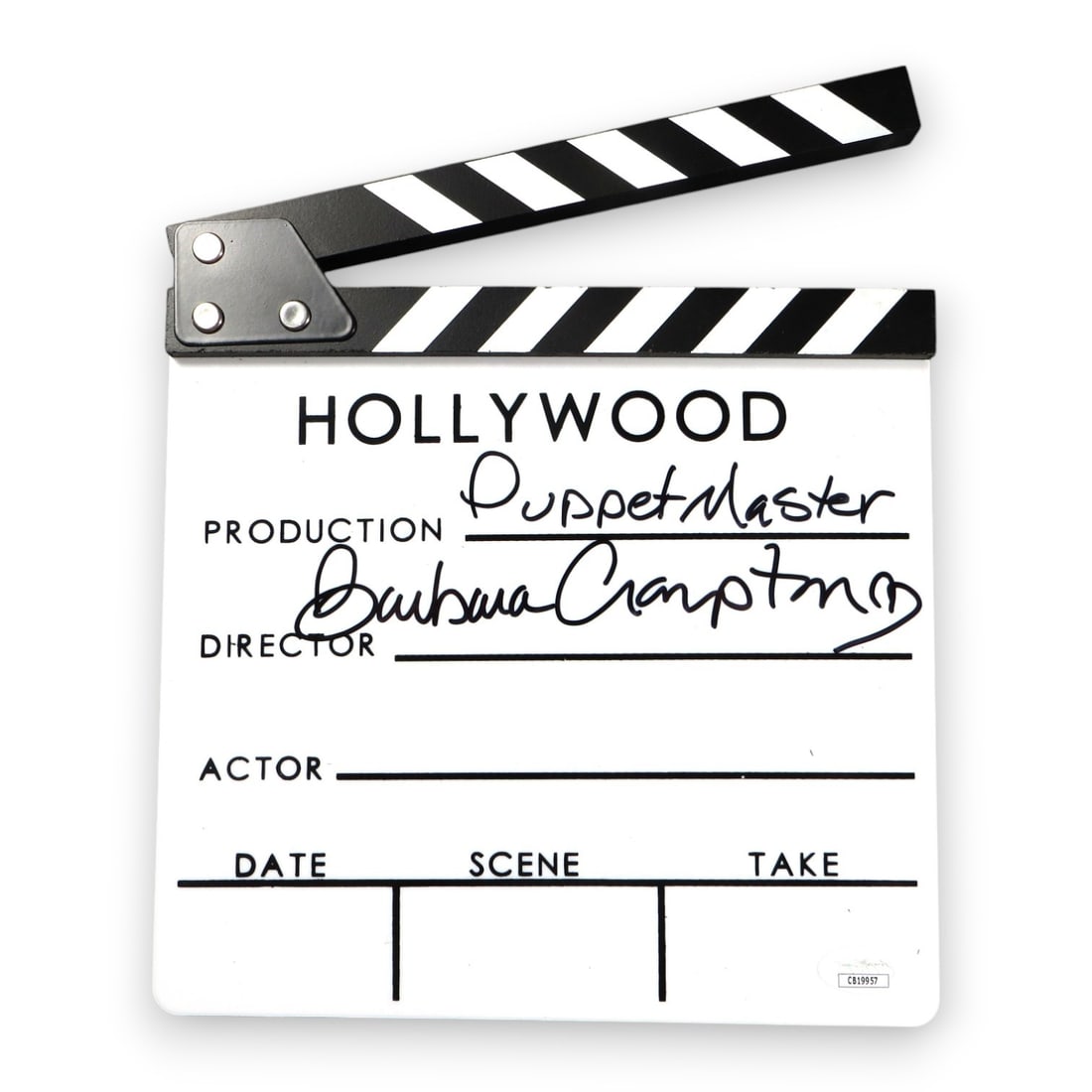 Barbara Crampton Signed Puppet Master Movie Clapper JSA Authenticated: Barbara Crampton Signed Puppet Master Movie Clapper JSA Authenticated This authentic movie clapper, signed by actress Barbara Crampton, features her signature and comes with authentication from James 