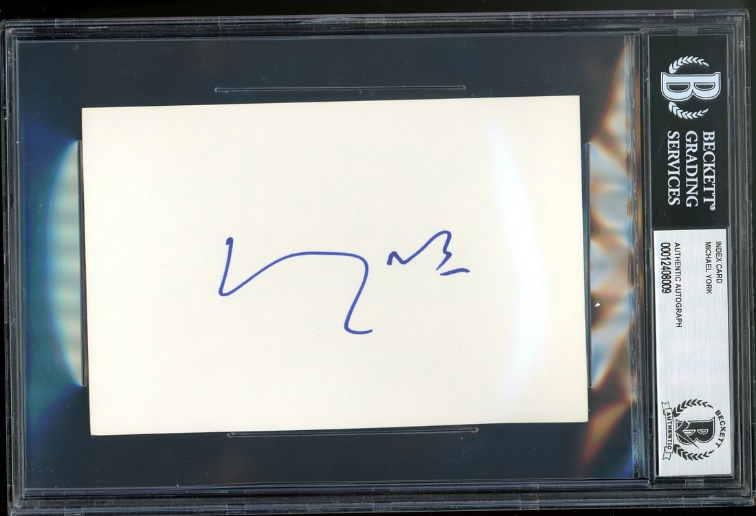 Michael York Signed Index Card Slabbed by Beckett Romeo and Juliet Authenticated: Michael York Signed Index Card Slabbed by Beckett Romeo and Juliet Authenticated This 4x6 index card features the authentic signature of Michael York from Romeo + Juliet. The autograph has been person