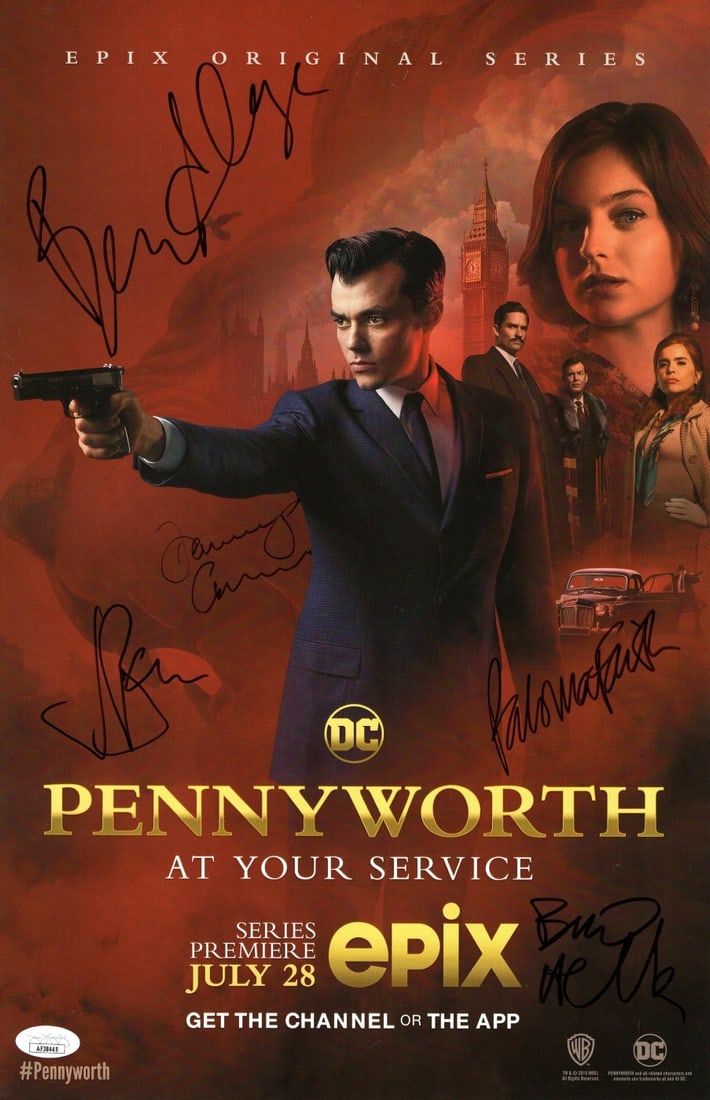 11x17 Pennyworth Poster Signed by Aldridge Bannon Faith Cannon Heller JSA Authenticated: 11x17 Pennyworth Poster Signed by Aldridge Bannon Faith Cannon Heller JSA Authenticated This 11x17 poster from the series "Pennyworth" features authentic autographs from cast members Ben Aldridge, Jac