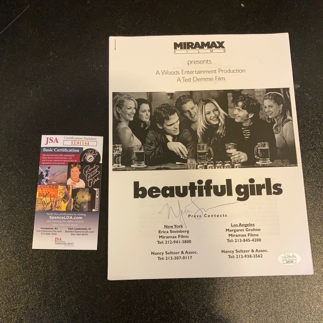Beautiful Girls Script Signed by Mira Sorvino with JSA Authentication: Beautiful Girls Script Signed by Mira Sorvino with JSA Authentication This is an original movie script for "Beautiful Girls" that has been autographed by Mira Sorvino. The signature has been authentic