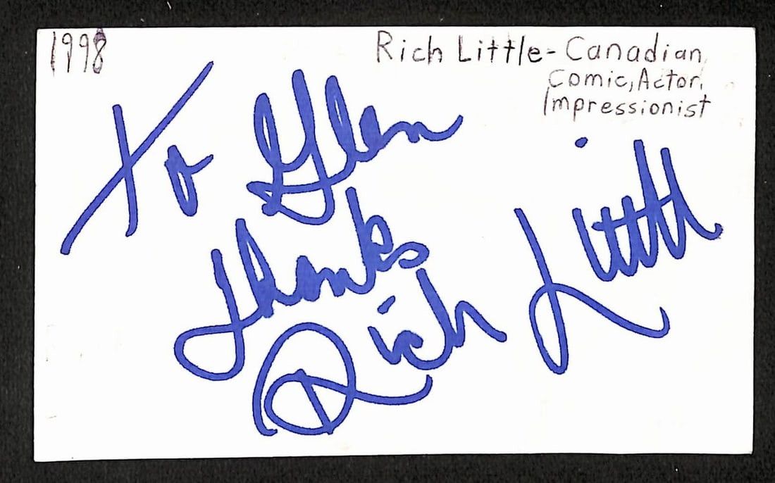 Rich Little 3x5 Index Card With Autograph JSA Authenticated: Rich Little 3x5 Index Card With Autograph JSA Authenticated This is an original 3x5 index card signed by comedian Rich Little. The autograph has been authenticated with JSA certification (BA205468). T