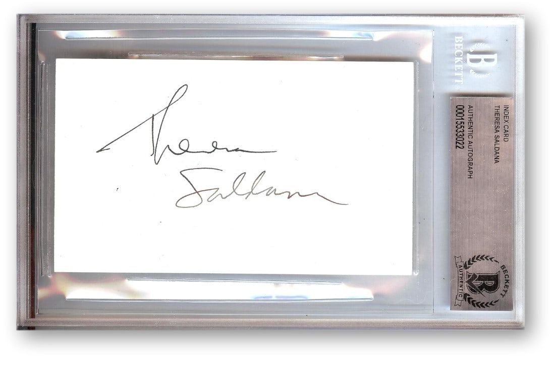 Theresa Saldana Signed Index Card Beckett Authenticated The Commish Raging Bull: Theresa Saldana Signed Index Card Beckett Authenticated The Commish Raging Bull This is an original index card autographed by Theresa Saldana, known for her roles in The Commish and Raging Bull. The s