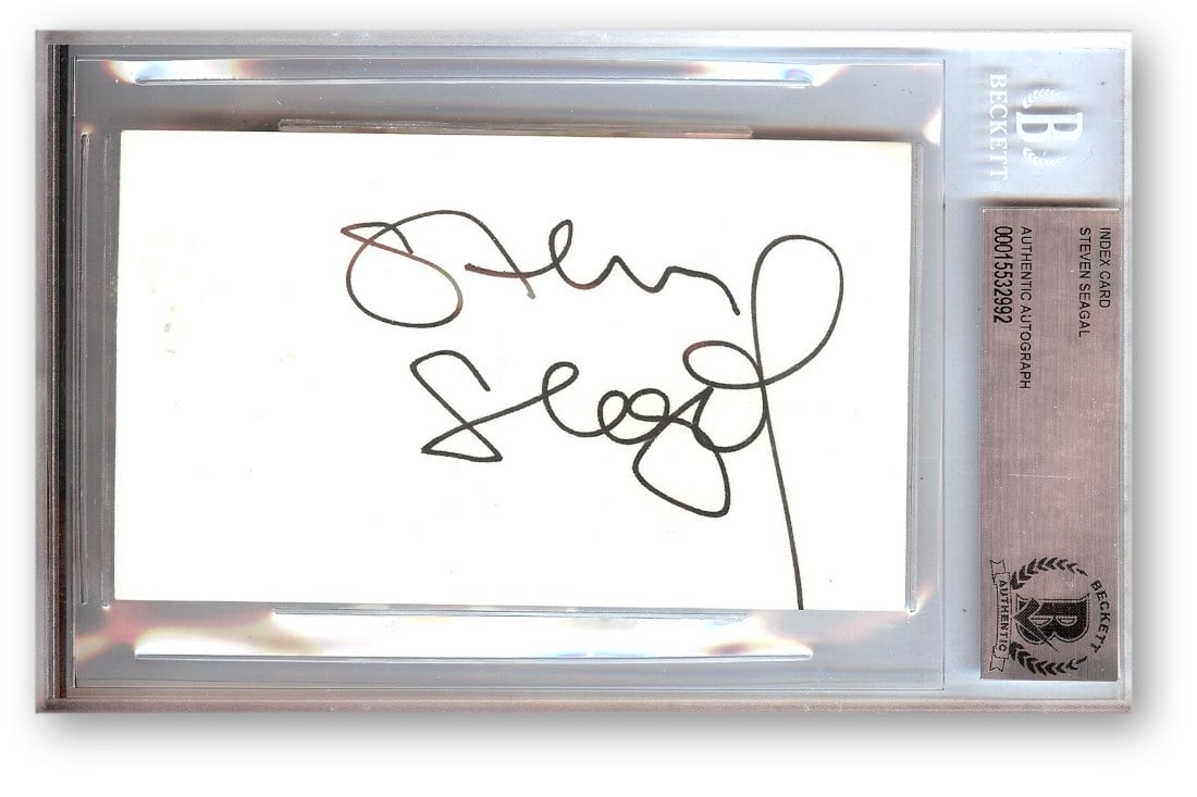 Steven Seagal Beckett Authenticated Signed Index Card Under Siege Above the Law: Steven Seagal Beckett Authenticated Signed Index Card Under Siege Above the Law This is an original index card autographed by Steven Seagal, known for films such as 'Under Siege' and 'Above the Law.' 