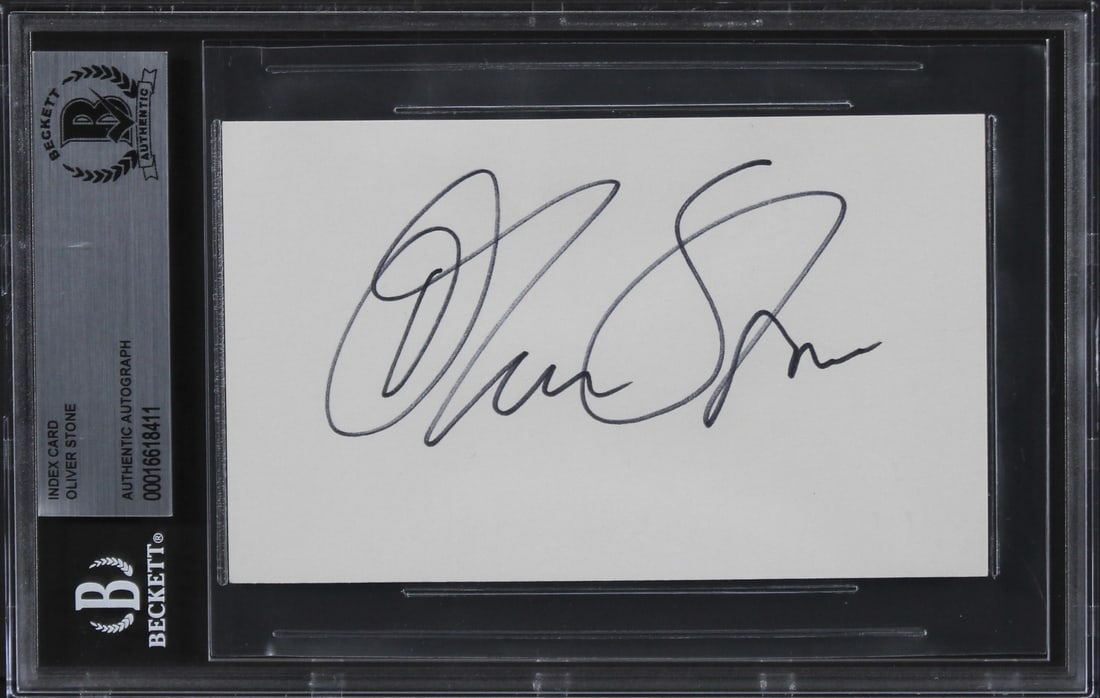 Oliver Stone Signed Platoon 3x5 Index Card Beckett Authenticated: Oliver Stone Signed Platoon 3x5 Index Card Beckett Authenticated This is an authentic autographed 3x5 index card personally signed by Oliver Stone, the acclaimed director of the film "Platoon." The si