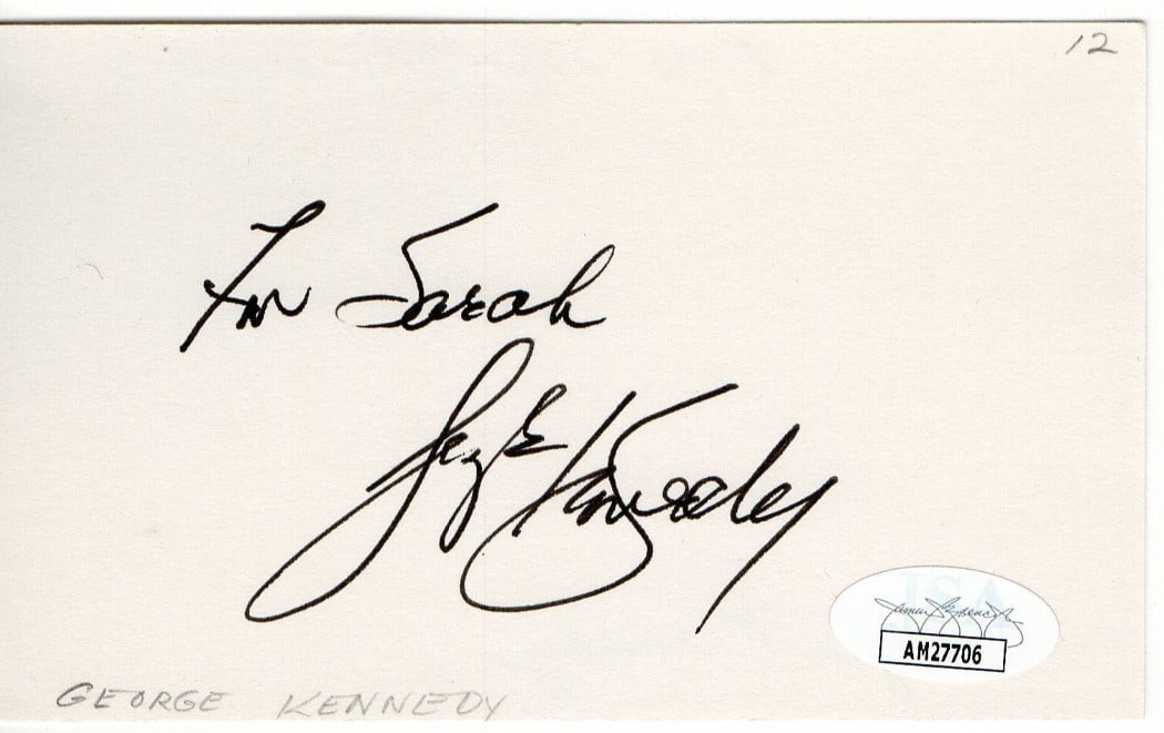 George Kennedy Hand Signed 3x5 Index Card JSA Authenticated Cool Hand Luke: George Kennedy Hand Signed 3x5 Index Card JSA Authenticated Cool Hand Luke This is an original index card autographed by George Kennedy, known for his role in Cool Hand Luke. The autograph has been au
