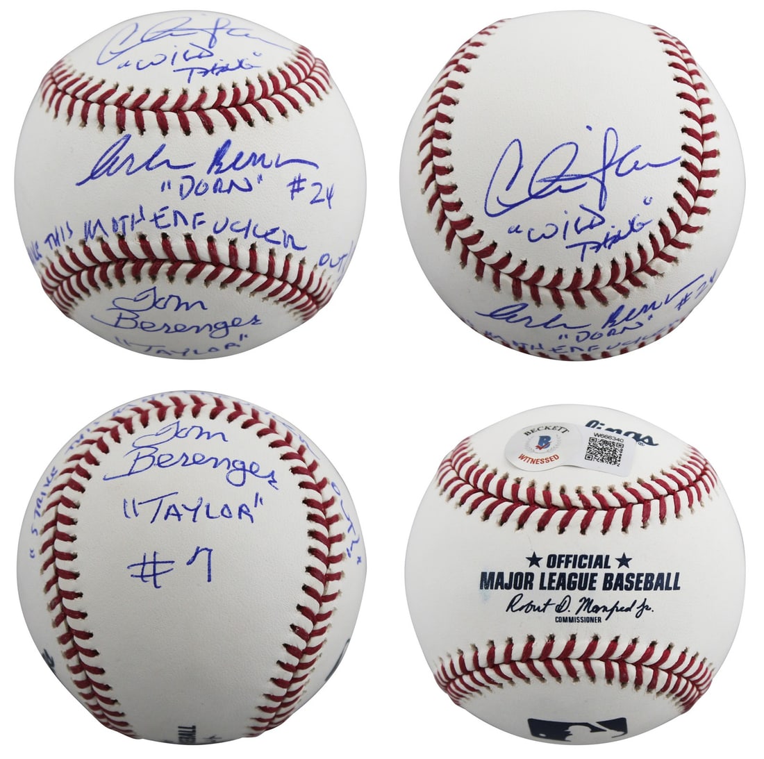 Oml Baseball Signed by Sheen Berenger Bernsen with Inscriptions Beckett Witnessed: Oml Baseball Signed by Sheen Berenger Bernsen with Inscriptions Beckett Witnessed This official Major League baseball features autographs from Charlie Sheen, Tom Berenger, and Corbin Bernsen, each wit