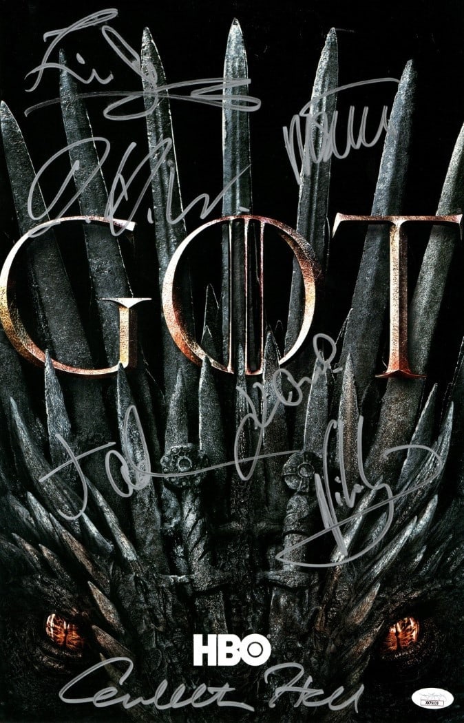 11x17 Game of Thrones Poster Signed by Seven Cast Members JSA Authenticated: 11x17 Game of Thrones Poster Signed by Seven Cast Members JSA Authenticated This is an original 11x17-inch poster from Game of Thrones, featuring seven authentic autographs obtained at a special Comic