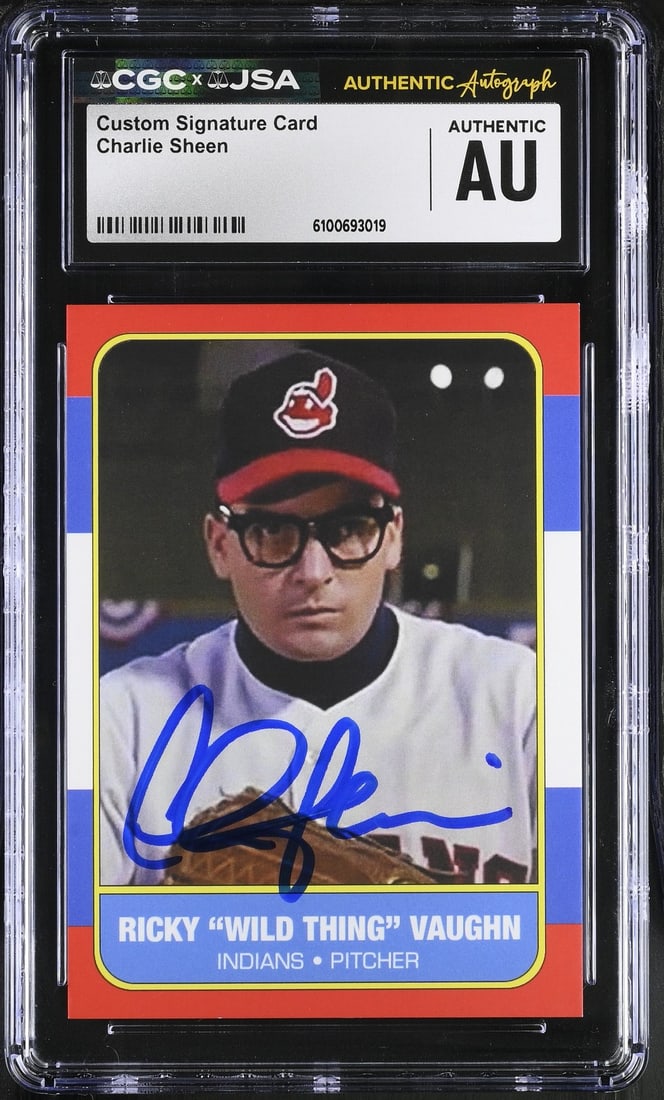 Charlie Sheen Autographed Major League Art Card Certified by CGC and JSA: Charlie Sheen Autographed Major League Art Card Certified by CGC and JSA This is an original Major League art card signed by Charlie Sheen as "Ricky Vaughn." The card is related to baseball and origin