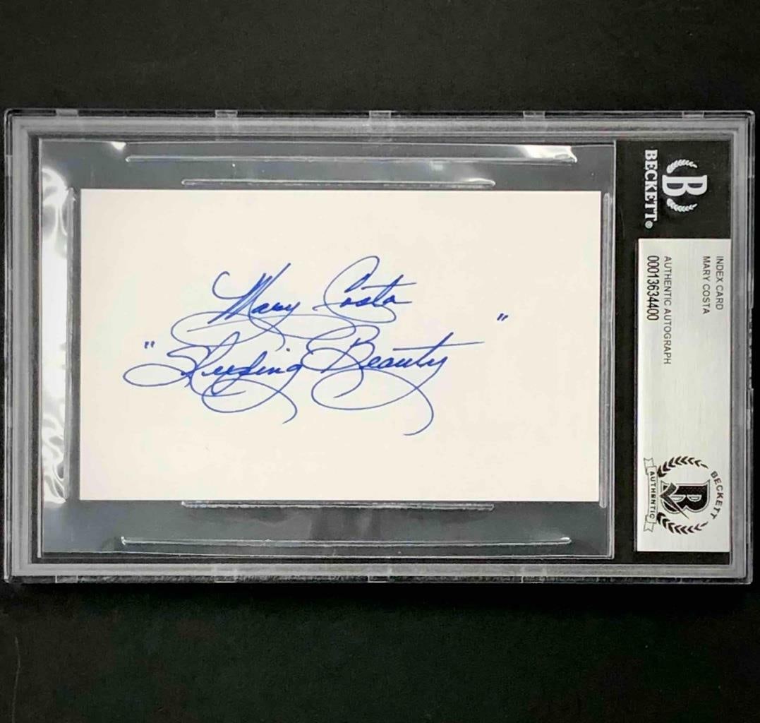 Mary Costa Signed Index Card Disney Sleeping Beauty Beckett Authenticated: Mary Costa Signed Index Card Disney Sleeping Beauty Beckett Authenticated This is an original index card featuring the autograph of Mary Costa, the voice of Princess Aurora in Disney's iconic film, Sl