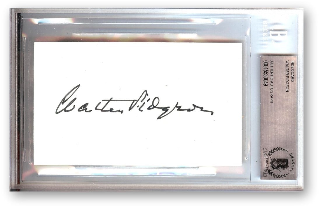 Beckett Authenticated Walter Pidgeon Autograph Index Card Mrs Miniver Madame Curie: Beckett Authenticated Walter Pidgeon Autograph Index Card Mrs Miniver Madame Curie This is an original index card autographed by Walter Pidgeon, known for his roles in 'Mrs. Miniver' and 'Madame Curie