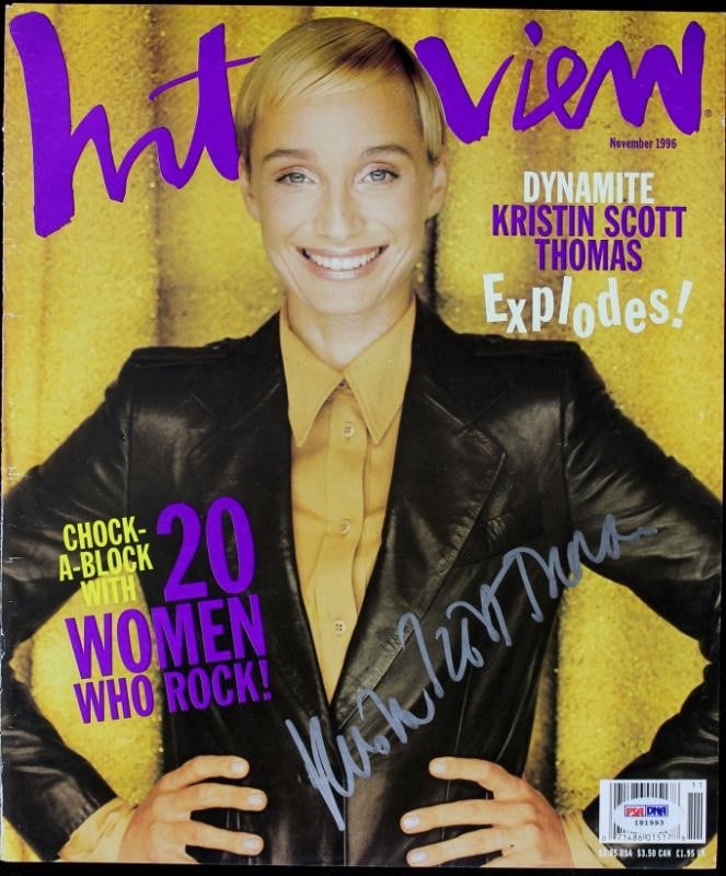 Kristin Scott Thomas Signed Interview Magazine Cover PSA/DNA Certified: Kristin Scott Thomas Signed Interview Magazine Cover PSA/DNA Certified This authentic signed Interview magazine cover features the signature of actress Kristin Scott Thomas, certified by PSA/DNA. The 