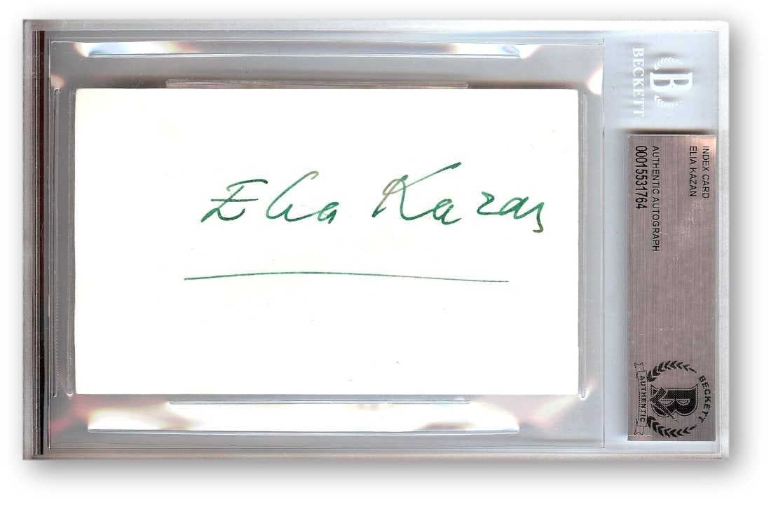 Elia Kazan Autographed Index Card Beckett Authenticated On the Waterfront Director: Elia Kazan Autographed Index Card Beckett Authenticated On the Waterfront Director This is an original index card autographed by Elia Kazan, the acclaimed director of "On the Waterfront." The signatur