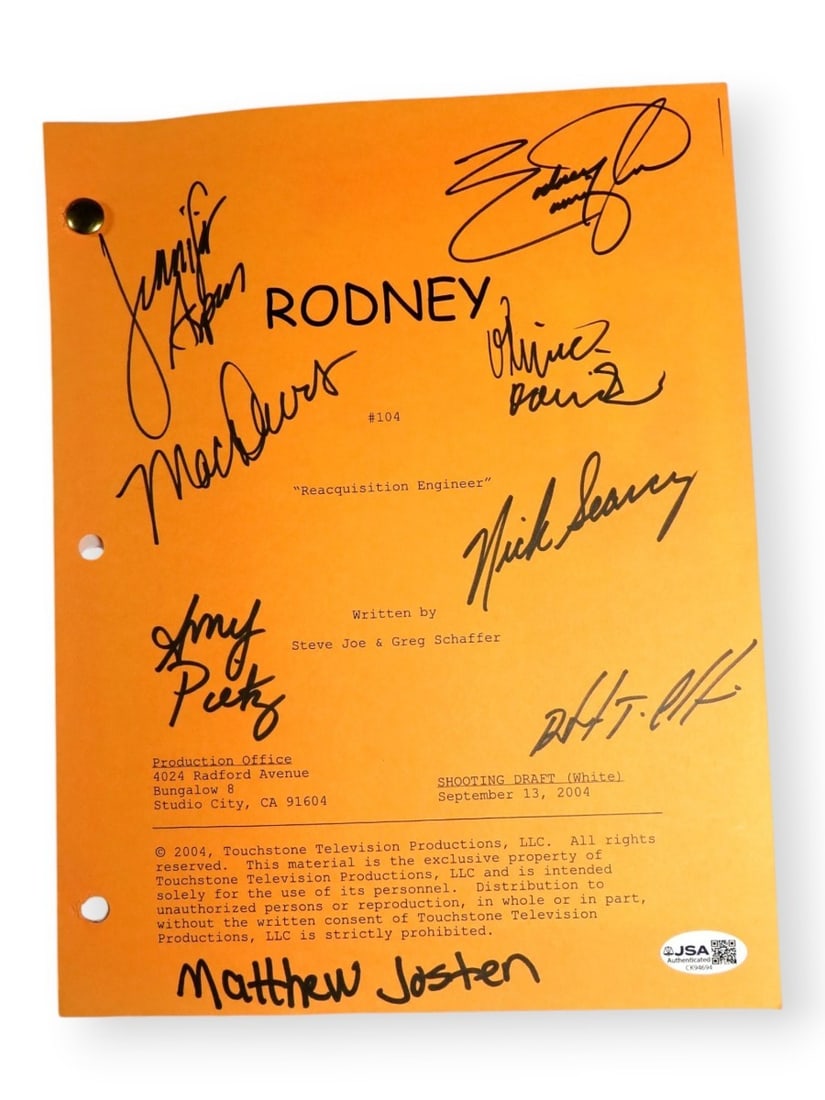 JSA authenticated Rodney Carrington cast signed script with 8 autographs: JSA authenticated Rodney Carrington cast signed script with 8 autographs This is an original script from the show "Rodney," autographed by multiple cast members including Rodney Carrington, Mac Davis,