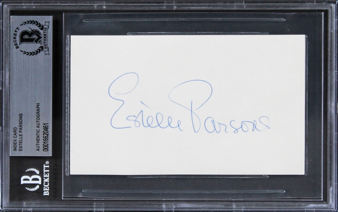Estelle Parsons Signed 3x5 Index Card from Bonnie & Clyde Beckett Authenticated: Estelle Parsons Signed 3x5 Index Card from Bonnie & Clyde Beckett Authenticated This authentic 3x5 index card features the signature of Estelle Parsons, known for her role in the classic film Bonnie &