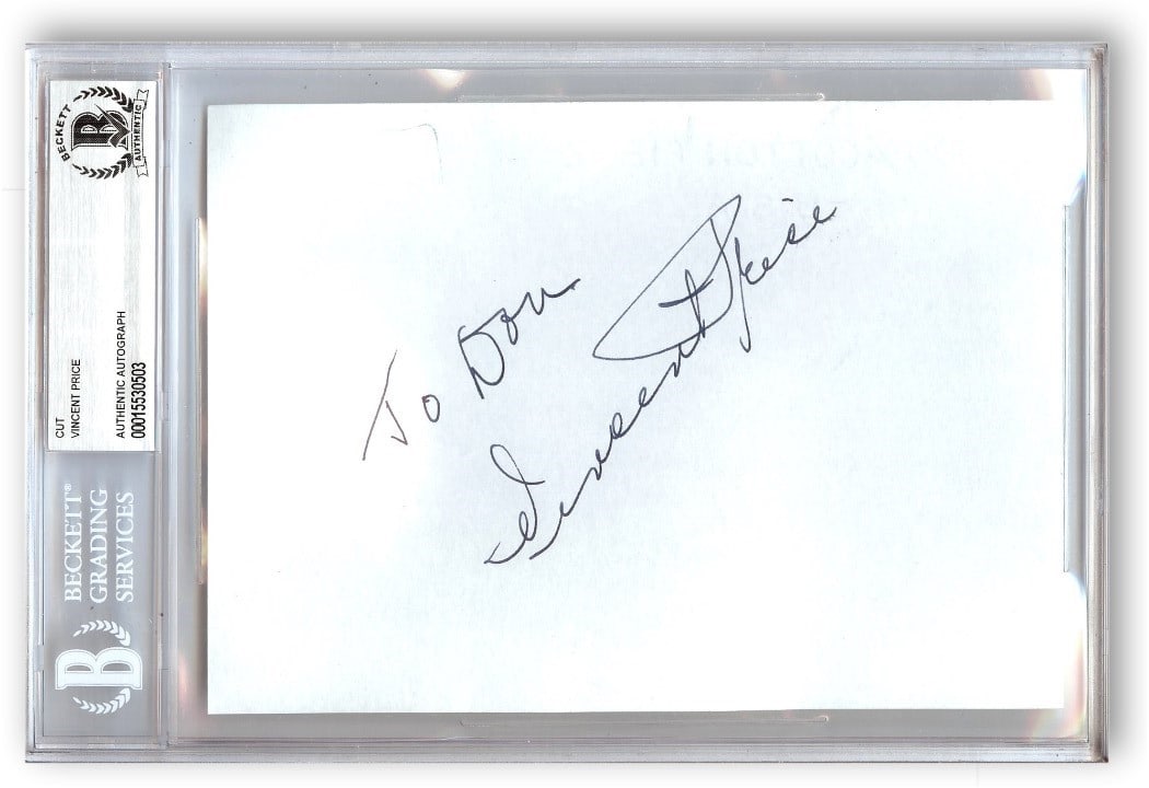 Beckett Authenticated Vincent Price Hollywood Signed Index Card in Slab Case: Beckett Authenticated Vincent Price Hollywood Signed Index Card in Slab Case This is an original index card signed by Hollywood legend Vincent Price. The autograph has been authenticated by Beckett Au