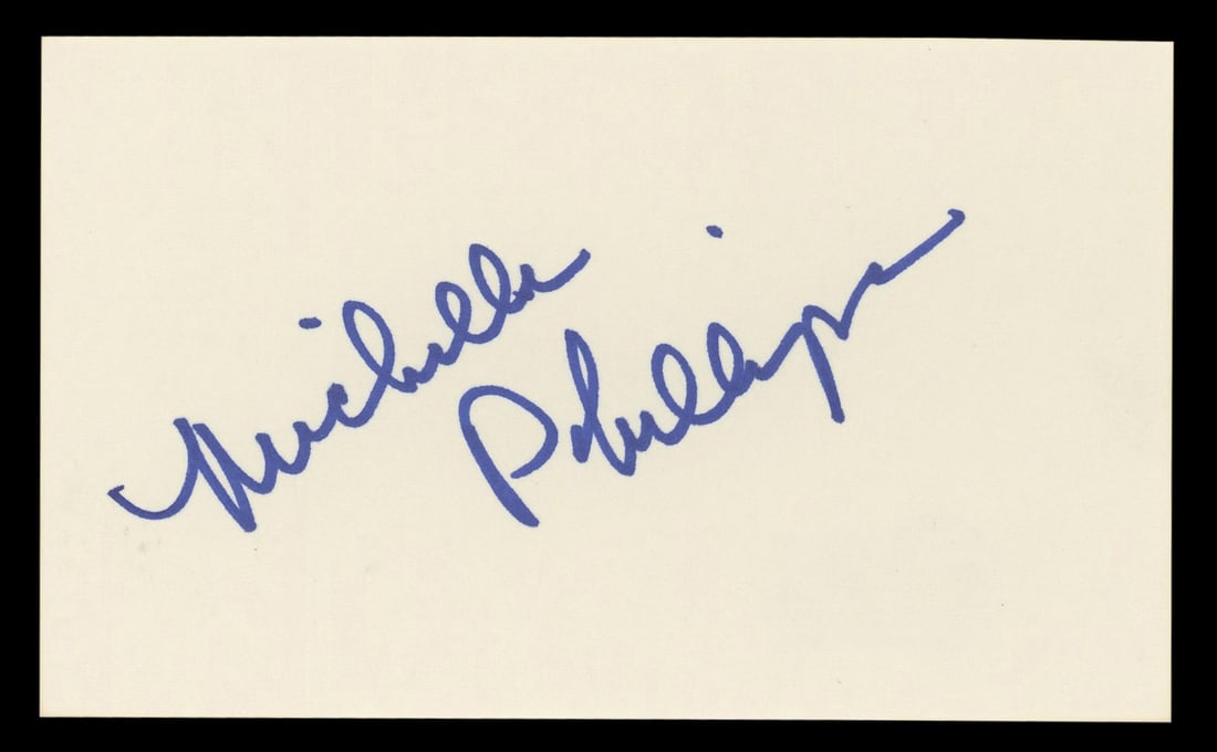 Michelle Phillips Signed 3x5 Index Card Knots Landing BAS Authenticated: Michelle Phillips Signed 3x5 Index Card Knots Landing BAS Authenticated This authentic autographed 3x5 index card features the signature of Michelle Phillips, renowned for her role in the TV series Kn