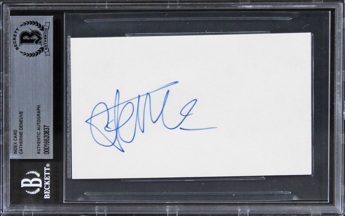 Catherine Deneuve Signed 3x5 Index Card Belle De Jour Beckett Authenticated: Catherine Deneuve Signed 3x5 Index Card Belle De Jour Beckett Authenticated This autographed 3x5 index card features the signature of the iconic actress Catherine Deneuve, known for her role in "Belle