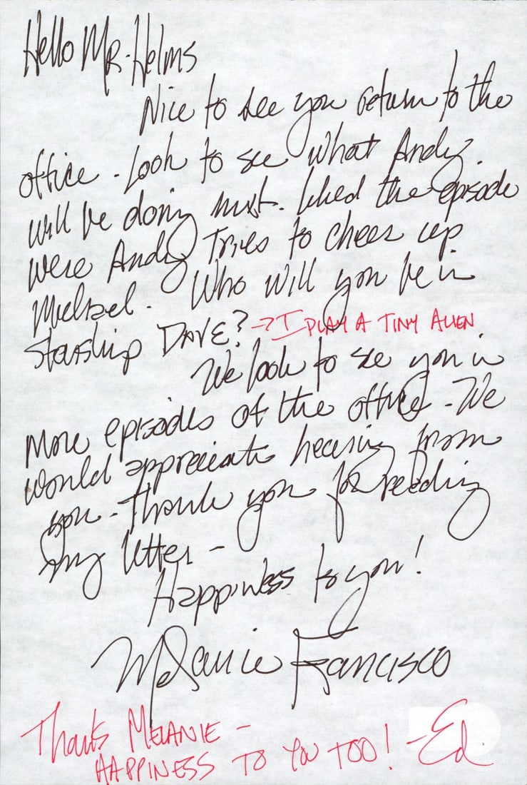 Ed Helms Signed 6x9 Letter I Play A Tiny Alien BAS Authentic: Ed Helms Signed 6x9 Letter I Play A Tiny Alien BAS Authentic This is an autographed 6x9 personal letter signed by Ed Helms, famously known for his role in 'The Office,' featuring the inscription "I Pl