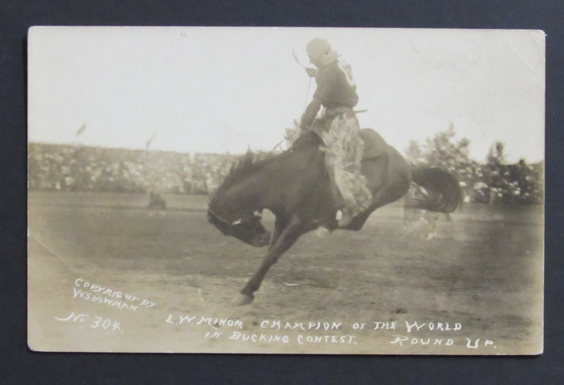 Original Black and White Postcard Featuring L.W. Minor Bucking Horse Champion (1 of 2)