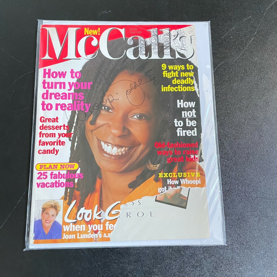 Autographed Magazine With Whoopi Goldberg Signature Movie Star Memorabilia: Autographed Magazine With Whoopi Goldberg Signature Movie Star Memorabilia This is an original photograph featuring a signed autograph by movie star Whoopi Goldberg. The piece originates from the Unit