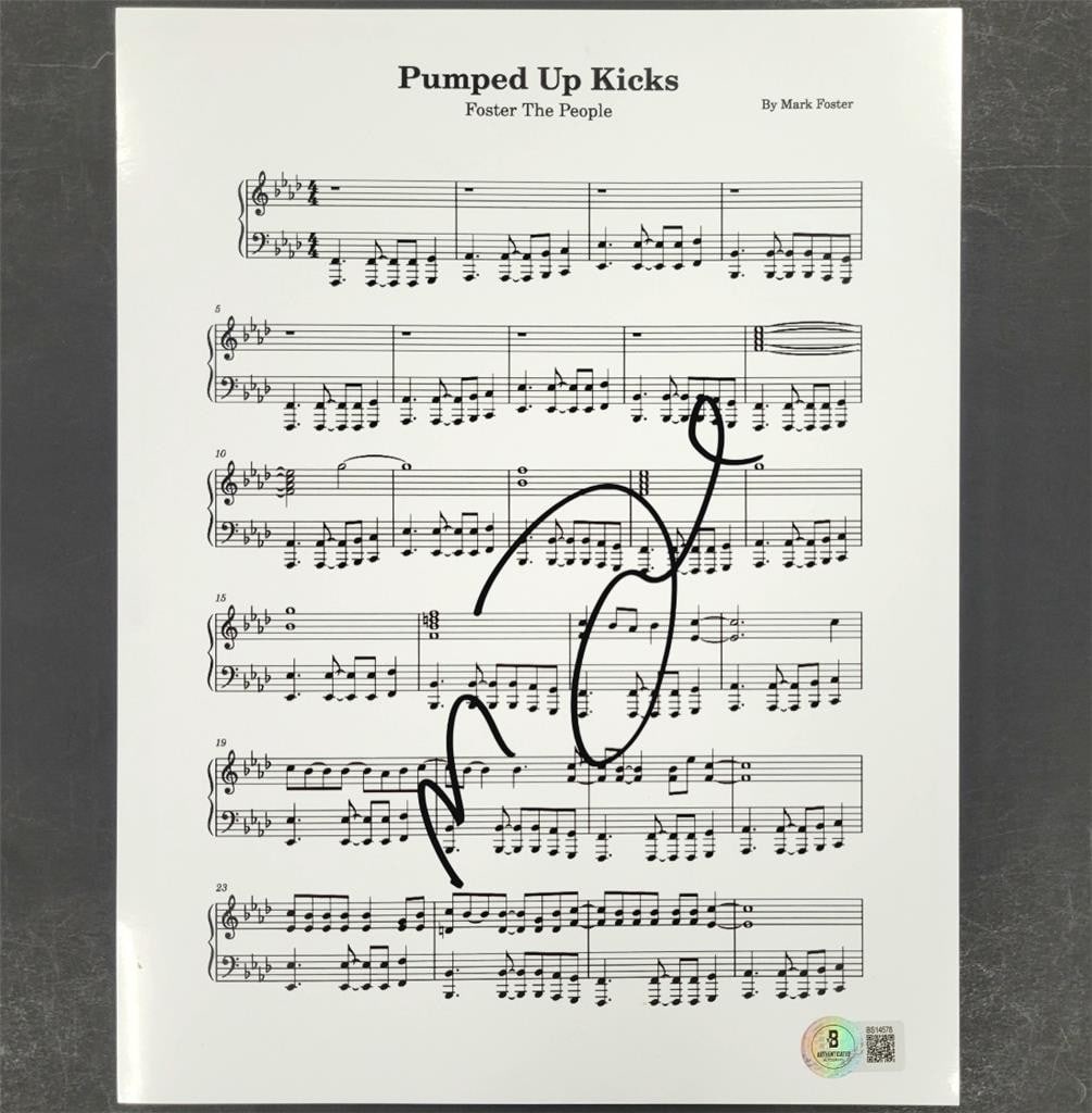 8.5x11 Lyric Sheet Signed by Mark Foster Beckett Authenticated: 8.5x11 Lyric Sheet Signed by Mark Foster Beckett Authenticated This is an original 8.5x11 lyric sheet for "Pumped Up Kicks" signed by Mark Foster. The autograph is authenticated by Beckett. The item i
