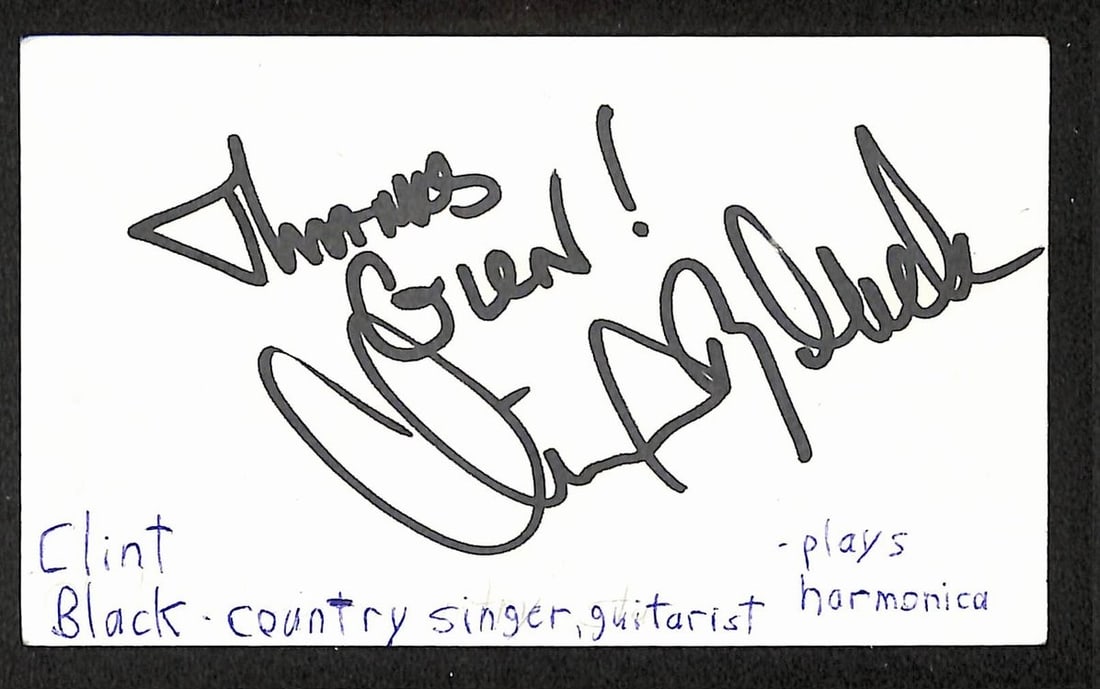 Clint Black signed 3x5 index card JSA BA209515: Clint Black signed 3x5 index card JSA BA209515 This is an original 3x5 index card autographed by country singer Clint Black. The signed card comes with JSA authentication (BA209515) and is in pre-owne