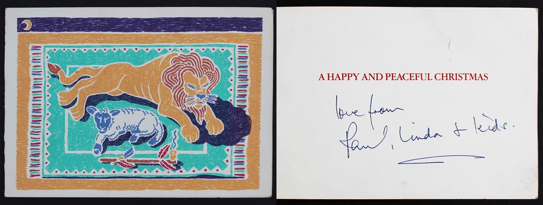 Authentic Paul McCartney Signed Card Love From Linda Kids Beatles BAS: Authentic Paul McCartney Signed Card Love From Linda Kids Beatles BAS This authentic autographed card features Paul McCartney of The Beatles, inscribed with "Love From Linda + Kids." The card comes wi