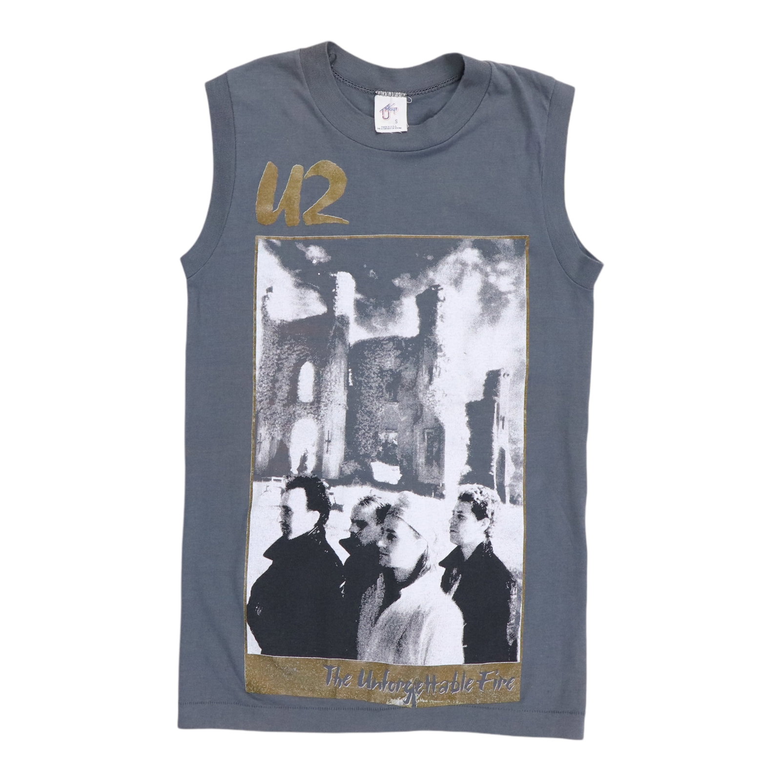 Vintage 1984 U2 Unforgettable Fire Tour Grey Cotton Sleeveless Shirt: Vintage 1984 U2 Unforgettable Fire Tour Grey Cotton Sleeveless Shirt This is an original 1984 U2 Unforgettable Fire Tour sleeveless shirt, featuring graphics on both the front and back. It is a true v