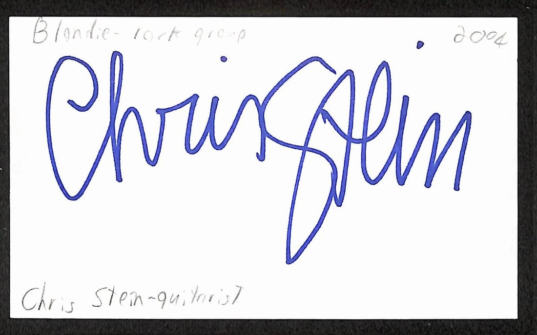 Chris Stein signed Blondie 3x5 index card JSA BA209497: Chris Stein signed Blondie 3x5 index card JSA BA209497 This is a 3x5 index card autographed by Chris Stein of Blondie. The item is an original and includes authentication by JSA (BA209497). It is pre-
